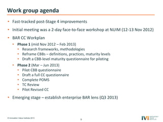 © Innovation Value Institute 2013
Work group agenda
• Fast-tracked post-Stage 4 improvements
• Initial meeting was a 2-day face-to-face workshop at NUIM (12-13 Nov 2012)
• BAR CC Workplan
• Phase 1 (mid Nov 2012 – Feb 2013)
• Research frameworks, methodologies
• Reframe CBBs – definitions, practices, maturity levels
• Draft a CBB-level maturity questionnaire for piloting
• Phase 2 (Mar – Jun 2013)
• Pilot CBB questionnaire
• Draft a full CC questionnaire
• Complete POMS
• TC Review
• Pilot Revised CC
• Emerging stage – establish enterprise BAR lens (Q3 2013)
9
 