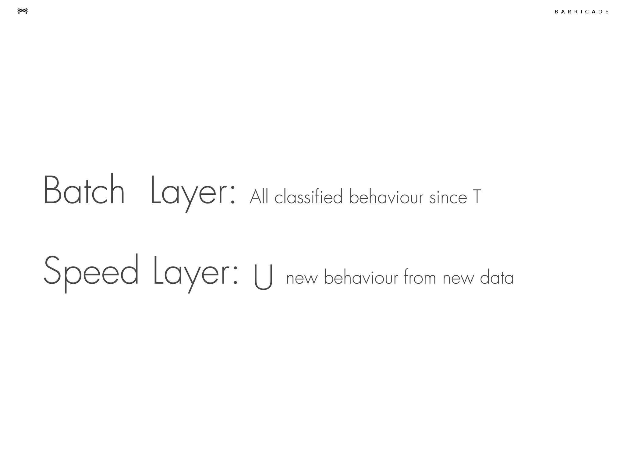 Speed Layer: U new behaviour from new data
Batch Layer: All classified behaviour since T
