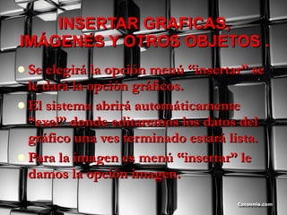 INSERTAR GRAFICAS, IMÁGENES Y OTROS OBJETOS . Se elegirá la opción menú “insertar” se le dará la opción gráficos. El sistema abrirá automáticamente “exel” donde editaremos los datos del gráfico una ves terminado estará lista. Para la imagen es menú “insertar” le damos la opción imagen. 