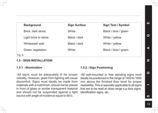 13
Background Sign Surface Sign Text / Symbol
Brick, dark stone White Black / blue / green
Light brick or stone Black / dark White / yellow
Whitewash wall Black / dark White / yellow
Green vegetation White Black / blue / green
1.5 - SIGN INSTALLATION
1.5.1 - Illumination
-All signs must be adequately lit for proper
visibility. However, glare from lighting will cause
discomfort. Signs must ideally be made from
materials with a matt finish, should not be placed
in front of glass or similar transparent material
and should not be suspended against a light
source with angle of incidence equal to 90½.
1.5.2 - Sign Positioning
-All wall-mounted or free standing signs must
ideally be positioned in the range of 1400 to 1600
mm above the finished floor level for proper
readability. This is specially applicable to all signs
that are to be read at close range e.g door signs,
identification signs, etc.
Fig. 8
S
I
G
N
A
G
E
 