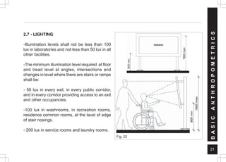 21
2.7 - LIGHTING
-Illumination levels shall not be less than 100
lux in laboratories and not less than 50 lux in all
other facilities.
-The minimum illumination level required at floor
and tread level at angles, intersections and
changes in level where there are stairs or ramps
shall be:
- 50 lux in every exit, in every public corridor,
and in every corridor providing access to an exit
and other occupancies.
-100 lux in washrooms, in recreation rooms,
residence common rooms, at the level of edge
of stair nosings.
- 200 lux in service rooms and laundry rooms.
Fig. 22
B
A
S
I
C
A
N
T
H
R
O
P
O
M
E
T
R
I
C
S
900
min
1800
max
 