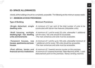 22
S
P
A
C
E
A
L
L
O
W
A
N
C
E
S
03- SPACE ALLOWANCES
-Ideally all the buildings should be completely accessible. The following are the minimum access needs:
Type of Building
-Single detached, single
dwelling units
-Staff housing, multiple
dwelling,high - rise dwelling
units and tenements
-Tenement houses, row
houses, apartments and town
houses
-Post offices, banks and
financial service institutions
Minimum Provisions
-A minimum of 2 per cent of the total number of units to be
constructed with barrier-free features.(Adoptable units).
-A minimum of 1 unit for every 25 units, whereafter 1 additional
unit for every 100 units should be accessible.
-The main entrances and exits must be accessible.
-A minimum of 1 unit for up to 150 units, whereafter minimum of
1 additional unit for every 100 units should be accessible.
-The main entrances and exits must be accessible.
-A minimum of 1 lowered service counter on the premises
-A minimum of 1 loweredAutomatic Teller Machine (ATM). 1 cash
disbursement point on the premises. Stamp vending machine.
3.1 - MINIMUM ACCESS PROVISIONS
 