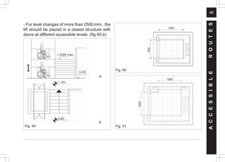 46
- For level changes of more than 2500 mm., the
lift should be placed in a closed structure with
doors at different accessible levels. (fig.49.b)
A
C
C
E
S
S
I
B
L
E
R
O
U
T
E
S
Fig. 51
Fig. 50
1500
1500
900
1200
Fig. 49
a
b
2500
 