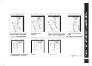 67
WASH
/
BATHROOM
AND
SHOWER
AREA
Fig. 85 Side transfer
Takes transfer position, swings foot
rest out of the way, sets brakes.
Removes arm-rest,
transfers.
Takes transfer position, swings foot
rest out of the way, sets brakes.
Moves wheelchair out of the way,
changes position (some people
pivot it or rotate it 90½ to the toilet.
Positions on toilet, releases
brakes.
Transfers. Positions on toilet.
Fig. 83 a,b-Diagonal transfer Fig. 84 c,d-Diagonal transfer
 