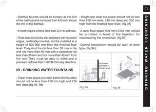72
- Bathtub faucets should be located at the foot
of the bathtub and not more than 450 mm above
the rim of the bathtub.
- It must require a force less than 22 N to activate.
- Grab-bars should be slip-resistant with rounded
edges, preferably knurled, and be installed at a
height of 800-900 mm from the finished floor
level. They must be not less than 30 mm in dia
and not more than 40 mm with a clearance not
less than 35 mm and not more than 45 mm from
the wall.They must be able to withstand a
pressure not less than 1200 N from any direction.
09 - DRINKING WATER FOUNTAINS
- Clear knee space provided below the fountain
should not be less than 750 mm high and 230
mm deep.(fig.94, 95)
- Height and clear toe-space should not be less
than 750 mm wide, 230 mm deep and 230 mm
high from the finished floor level. (fig.94)
-A clear floor space 800 mm x1300 mm should
be provided in front of the fountain for
manoeuvring the wheelchair. (fig.95)
-Control mechanism should be push or lever
type. (fig.94)
Fig. 94 Fig. 95
D
R
I
N
K
I
N
G
W
A
T
E
R
F
O
U
N
T
A
I
N
S
800-850
450min
750min 480max
1200 min
Basin
250
250
750
min
800-850
Equipment
permitted in
Shaded area
 