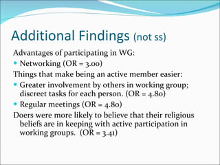 Additional Findings (not ss) Advantages of participating in WG: Networking (OR = 3.00) Things that make being an active member easier: Greater involvement by others in working group; discreet tasks for each person. (OR = 4.80) Regular meetings (OR = 4.80) Doers were more likely to believe that their religious beliefs are in keeping with active participation in working groups. (OR = 3.41)