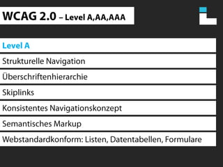 WCAG 2.0 – Level A,AA,AAALevel AStrukturelle NavigationÜberschriftenhierarchieSkiplinksKonsistentes NavigationskonzeptSemantisches MarkupWebstandardkonform: Listen, Datentabellen, Formulare