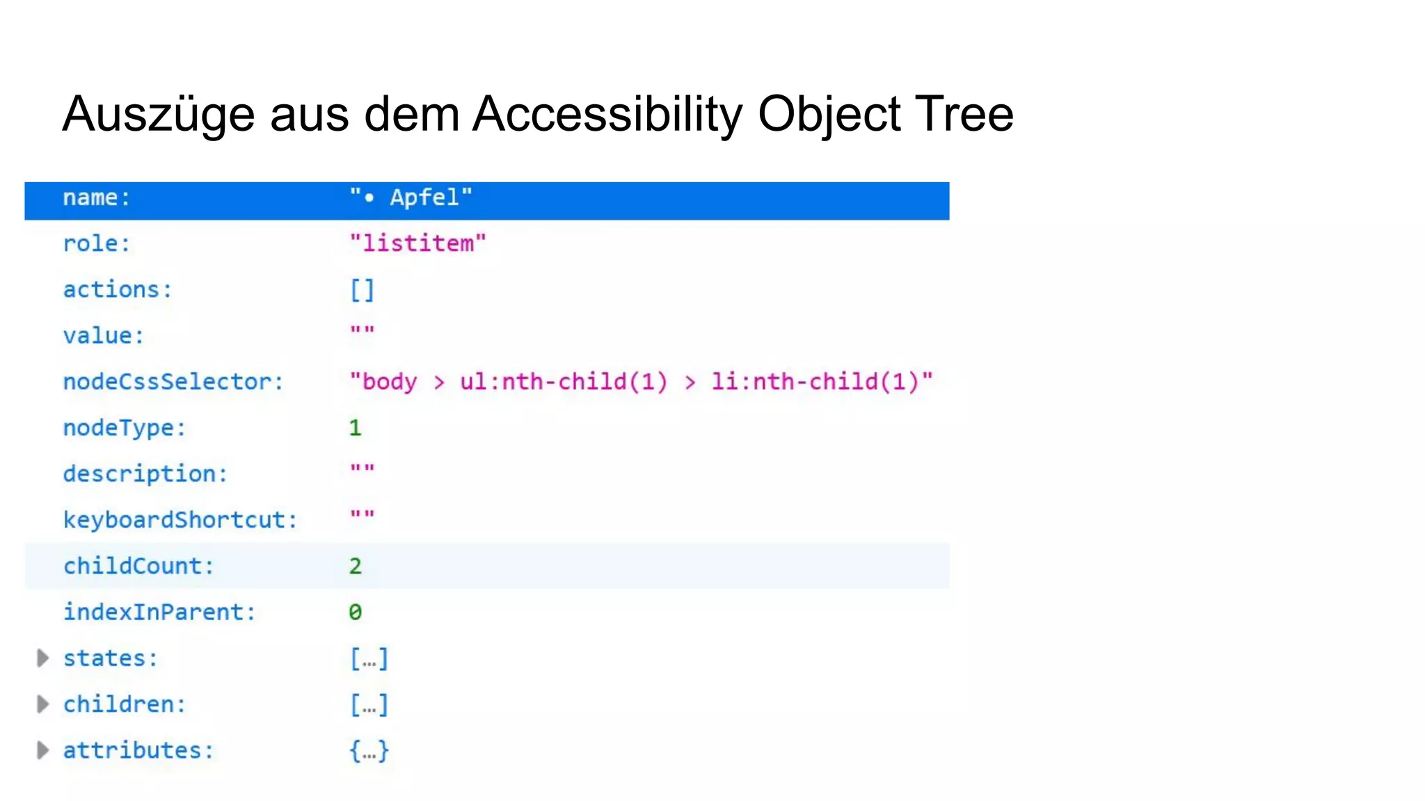 Auszüge aus dem Accessibility Object Tree
 