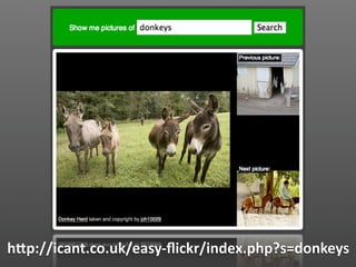 Easy Flickr screenshot
           showing donkeys



hVp://icant.co.uk/easy‐ﬂickr/index.php?s=donkeys
 