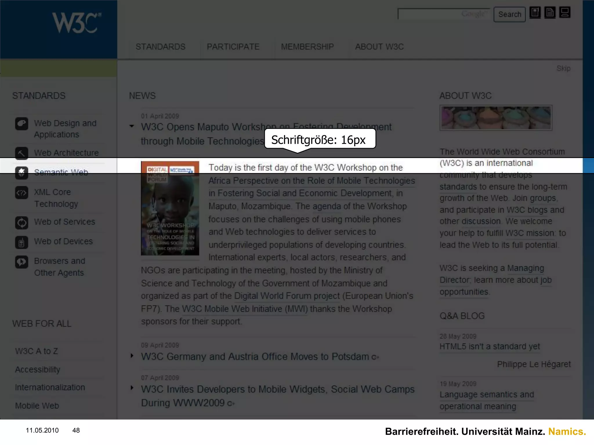 3. Barrierefreiheit von WebsitesBarrierefreiheit. Universität Mainz. Namics.11.05.201036