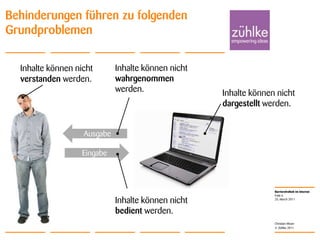 25. March 2011Folie 6Christian MoserBehinderungen führen zu folgenden GrundproblemenInhalte können nicht verstanden werden.Inhalte können nicht wahrgenommen werden.Inhalte können nicht dargestellt werden.AusgabeEingabeInhalte können nicht bedient werden.