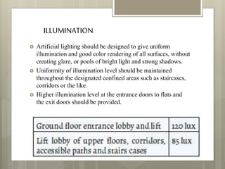 ILLUMINATION
 Artificial lighting should be designed to give uniform
illumination and good color rendering of all surfaces, without
creating glare, or pools of bright light and strong shadows.
 Uniformity of illumination level should be maintained
throughout the designated confined areas such as staircases,
corridors or the like.
 Higher illumination level at the entrance doors to flats and
the exit doors should be provided.
 