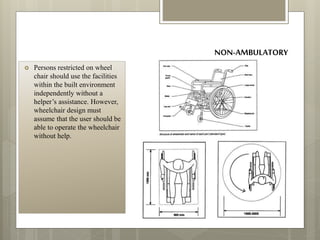 NON-AMBULATORY
 Persons restricted on wheel
chair should use the facilities
within the built environment
independently without a
helper’s assistance. However,
wheelchair design must
assume that the user should be
able to operate the wheelchair
without help.
 