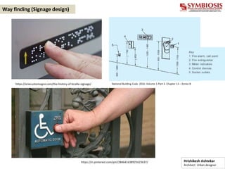 https://eriecustomsigns.com/the-history-of-braille-signage/
https://in.pinterest.com/pin/284641638925623637/
Way finding (Signage design)
Hrishikesh Ashtekar
Architect Urban designer
National Building Code 2016- Volume 1-Part 3- Chapter 13 – Annex B
 