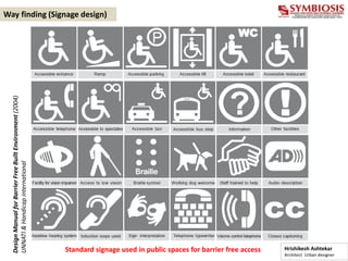 Way finding (Signage design)
Standard signage used in public spaces for barrier free access
Design
Manual
for
Barrier
Free
Built
Environment
(2004)
UNNATI
&
Handicap
international
Hrishikesh Ashtekar
Architect Urban designer
 