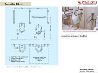 Accessible Toilets
https://www.dreamstime.com/photos-images/hospital-toilet.html
Urinals for Ambulant disabled
Hrishikesh Ashtekar
Architect Urban designer
National Building Code 2016- Volume 1-Part 3- Chapter 13 – Annex B
 