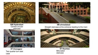 ISB Hyderabad
Central circular
staircase
IIM ahmedabad
Straight staircase at the entrance leading to the main
block
IIT kharagpur
Two quarter turn stair
case
IIT Roorkee
Bifurcated
staircase
 