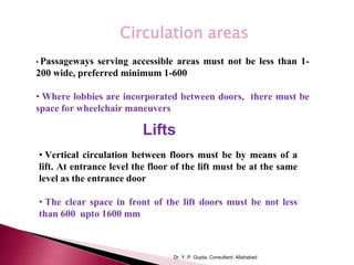 • Passageways serving accessible areas must not be less than 1-
200 wide, preferred minimum 1-600
• Where lobbies are incorporated between doors, there must be
space for wheelchair maneuvers
Circulation areas
• Vertical circulation between floors must be by means of a
lift. At entrance level the floor of the lift must be at the same
level as the entrance door
• The clear space in front of the lift doors must be not less
than 600 upto 1600 mm
Lifts
Dr. Y. P. Gupta, Consultant, Allahabad
 