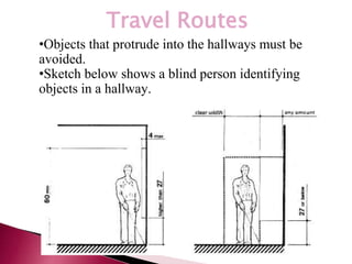 *
Travel Routes
•Objects that protrude into the hallways must be
avoided.
•Sketch below shows a blind person identifying
objects in a hallway.
 