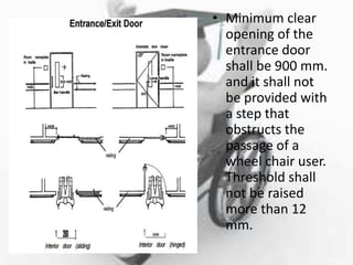 • Minimum clear
opening of the
entrance door
shall be 900 mm.
and it shall not
be provided with
a step that
obstructs the
passage of a
wheel chair user.
Threshold shall
not be raised
more than 12
mm.
 