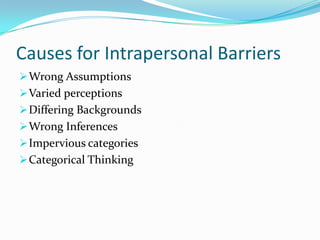 Causes for Intrapersonal Barriers
Wrong Assumptions
Varied perceptions
Differing Backgrounds
Wrong Inferences
Impervious categories
Categorical Thinking
 