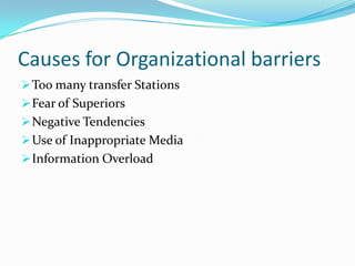 Causes for Organizational barriers
Too many transfer Stations
Fear of Superiors
Negative Tendencies
Use of Inappropriate Media
Information Overload
 