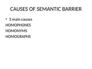 CAUSES OF SEMANTIC BARRIER
• 3 main causes
HOMOPHONES
HOMONYMS
HOMOGRAPHS
 