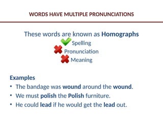WORDS HAVE MULTIPLE PRONUNCIATIONS
These words are known as Homographs
Spelling
Pronunciation
Meaning
Examples
• The bandage was wound around the wound.
• We must polish the Polish furniture.
• He could lead if he would get the lead out.
 