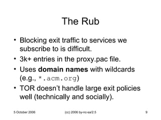 The Rub Blocking exit traffic to services we subscribe to is difficult. 3k+ entries in the proxy.pac file. Uses  domain names  with wildcards (e.g.,  *.acm.org ) TOR doesn’t handle large exit policies well (technically and socially). 