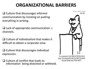 ORGANIZATIONAL BARRIERS
 Culture that discourages informal
communication by insisting on putting
everything in writing.
 Lack of appropriate communication c
channels.
 Culture of individualism that makes it
difficult to obtain a corporate view.
 Culture that discourages individual
expression.
 Culture of conflict that leads to
information being distorted or withheld.
 