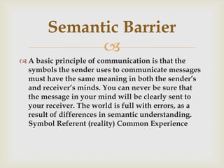 Semantic Barrier

 A basic principle of communication is that the
symbols the sender uses to communicate messages
must h...