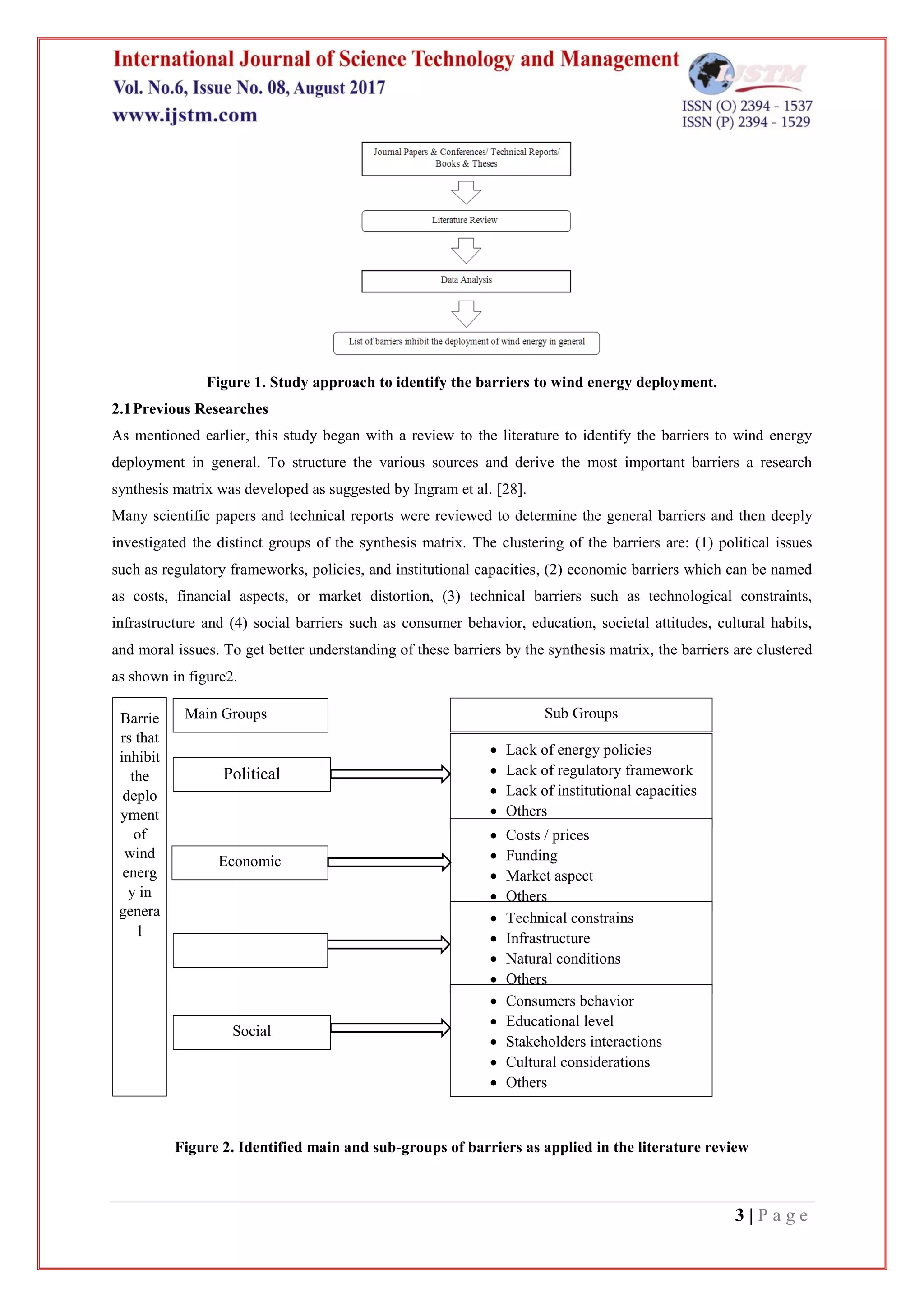 3 | P a g e
Figure 1. Study approach to identify the barriers to wind energy deployment.
2.1Previous Researches
As mentioned earlier, this study began with a review to the literature to identify the barriers to wind energy
deployment in general. To structure the various sources and derive the most important barriers a research
synthesis matrix was developed as suggested by Ingram et al. [28].
Many scientific papers and technical reports were reviewed to determine the general barriers and then deeply
investigated the distinct groups of the synthesis matrix. The clustering of the barriers are: (1) political issues
such as regulatory frameworks, policies, and institutional capacities, (2) economic barriers which can be named
as costs, financial aspects, or market distortion, (3) technical barriers such as technological constraints,
infrastructure and (4) social barriers such as consumer behavior, education, societal attitudes, cultural habits,
and moral issues. To get better understanding of these barriers by the synthesis matrix, the barriers are clustered
as shown in figure2.
Figure 2. Identified main and sub-groups of barriers as applied in the literature review
Main Groups Sub Groups
Political
Economic
Social
 Lack of energy policies
 Lack of regulatory framework
 Lack of institutional capacities
 Others
 Costs / prices
 Funding
 Market aspect
 Others
 Technical constrains
 Infrastructure
 Natural conditions
 Others
 Consumers behavior
 Educational level
 Stakeholders interactions
 Cultural considerations
 Others

Barrie
rs that
inhibit
the
deplo
yment
of
wind
energ
y in
genera
l
Technical
 