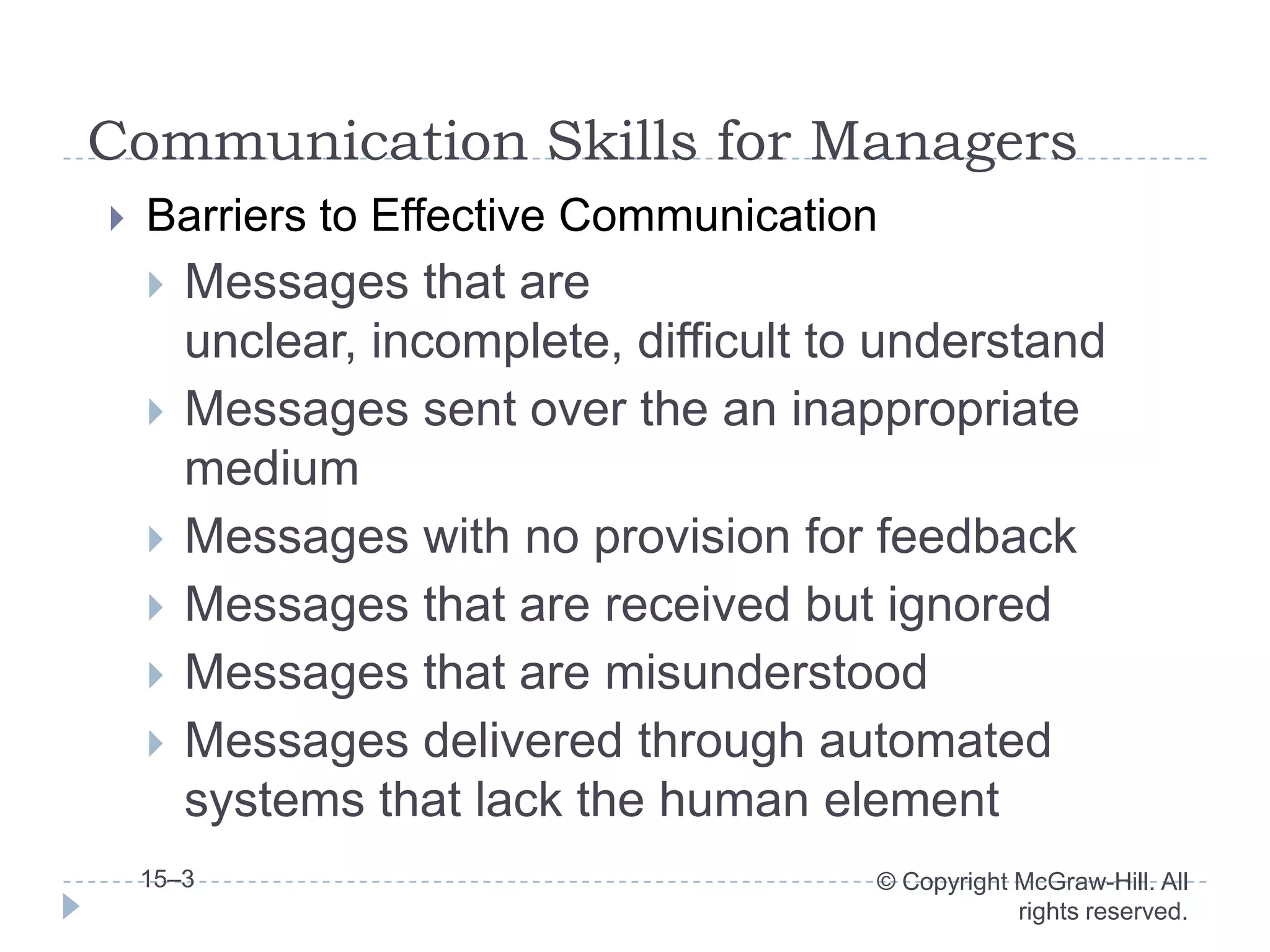 Communication Skills for Managers
   Barriers to Effective Communication
       Messages that are
        unclear, incomplete, difficult to understand
       Messages sent over the an inappropriate
        medium
       Messages with no provision for feedback
       Messages that are received but ignored
       Messages that are misunderstood
       Messages delivered through automated
        systems that lack the human element
    15–3                                 © Copyright McGraw-Hill. All
                                                     rights reserved.
 