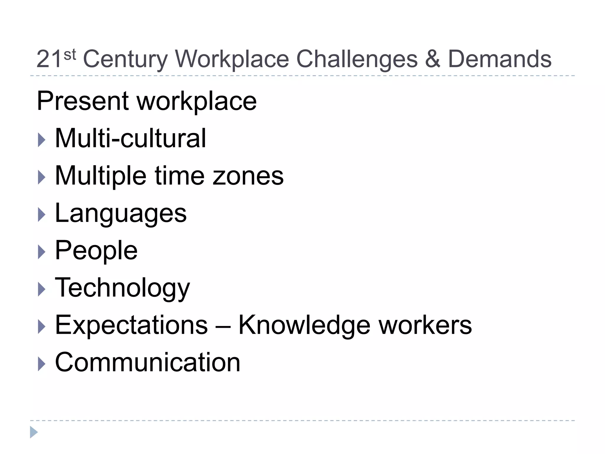 21st Century Workplace Challenges & Demands
Present workplace
 Multi-cultural
 Multiple time zones
 Languages
 People
 Technology
 Expectations – Knowledge workers
 Communication
 