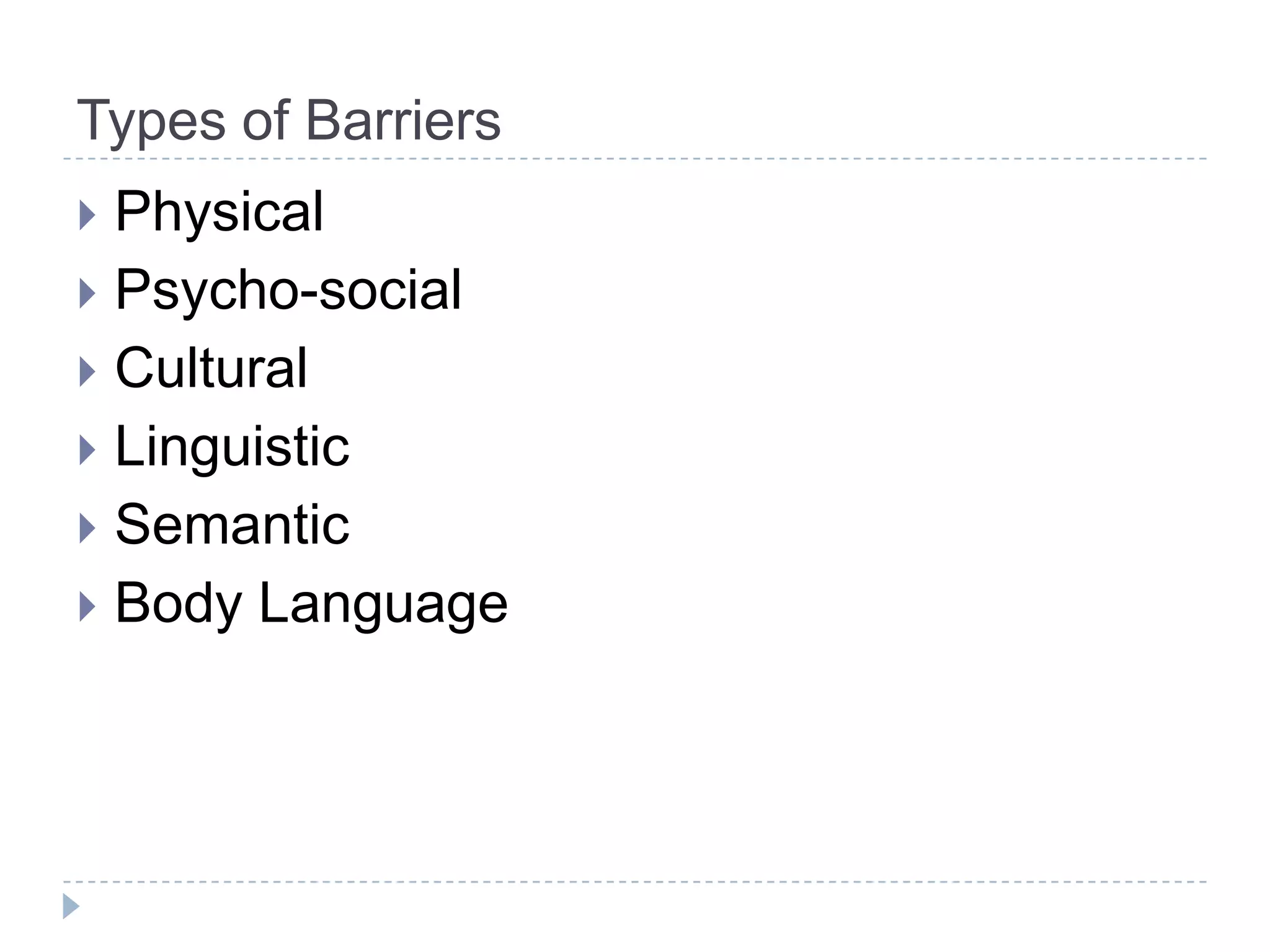 Types of Barriers
 Physical
 Psycho-social
 Cultural
 Linguistic
 Semantic
 Body Language
 