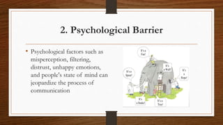2. Psychological Barrier
• Psychological factors such as
misperception, filtering,
distrust, unhappy emotions,
and people's state of mind can
jeopardize the process of
communication
 