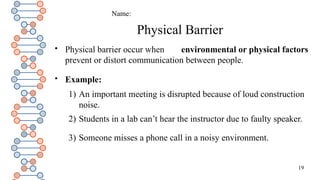 19
Physical Barrier

Physical barrier occur when environmental or physical factors
prevent or distort communication between people.

Example:
1) An important meeting is disrupted because of loud construction
noise.
2) Students in a lab can’t hear the instructor due to faulty speaker.
3) Someone misses a phone call in a noisy environment.
Name:
 