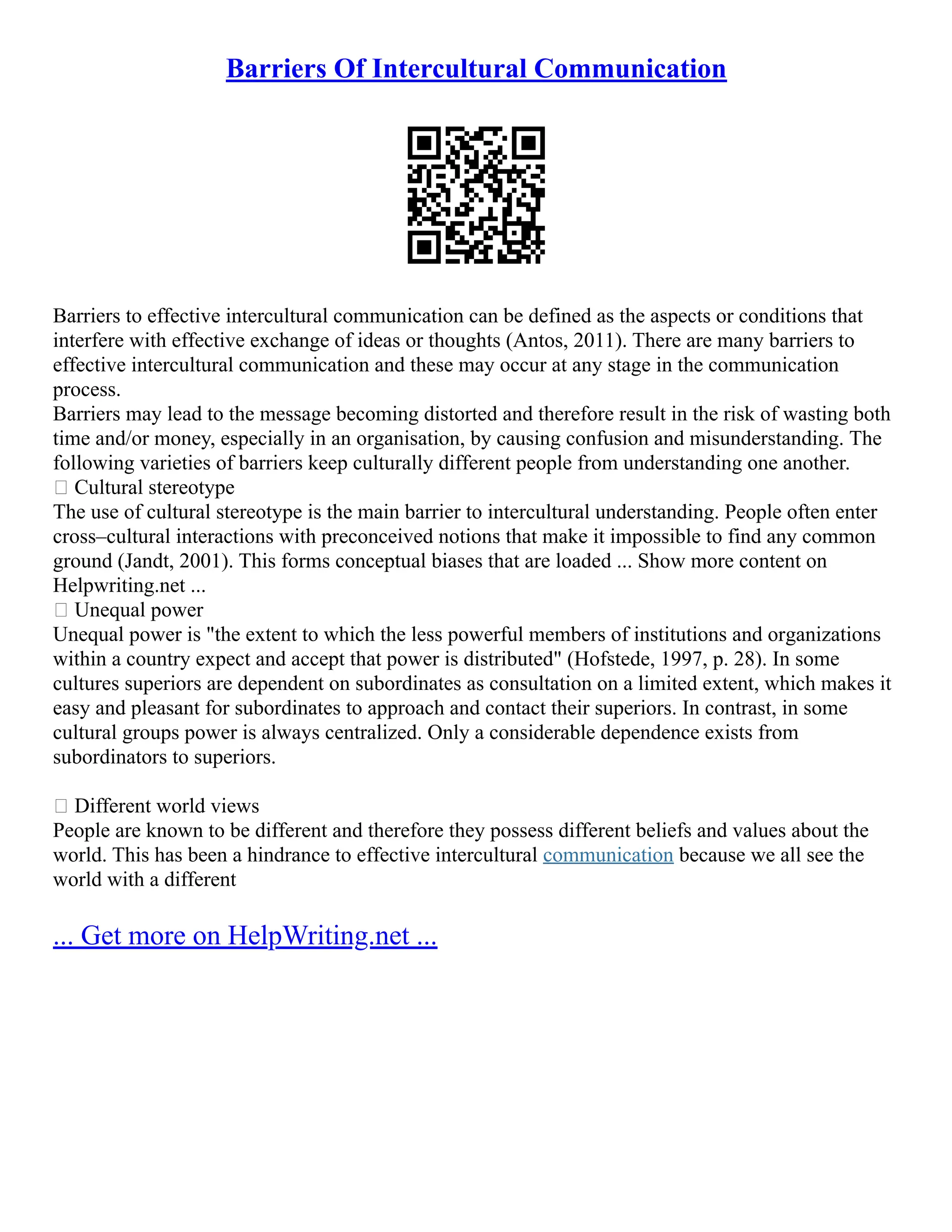 Barriers Of Intercultural Communication | PDF