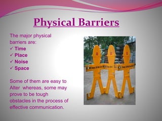 Physical Barriers
The major physical
barriers are:
 Time
 Place
 Noise
 Space
Some of them are easy to
Alter whereas, some may
prove to be tough
obstacles in the process of
effective communication.
 