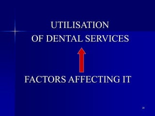 18
UTILISATION
OF DENTAL SERVICES
FACTORS AFFECTING IT
 