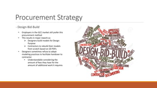 Procurement Strategy
- Design-Bid-Build
• Employers in the GCC market still prefer this
procurement method
• This results in major rework as:
 Designers build models for Design
Purpose
 Contractors to rebuild their models
from scratch based on 2D PDFs
• Designers sometimes refuse to adopt
modeling practices to facilitate handover to
contractor
• Understandable considering the
amount of fees they have for the
amount of additional work it requires
 