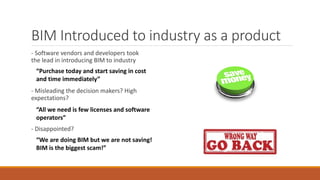 BIM Introduced to industry as a product
- Software vendors and developers took
the lead in introducing BIM to industry
“Purchase today and start saving in cost
and time immediately”
- Misleading the decision makers? High
expectations?
“All we need is few licenses and software
operators”
- Disappointed?
“We are doing BIM but we are not saving!
BIM is the biggest scam!”
 