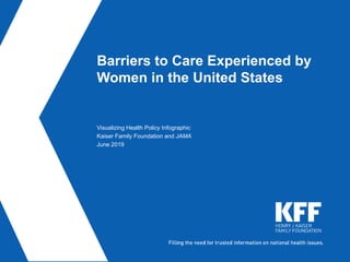 Barriers to Care Experienced by
Women in the United States
Visualizing Health Policy Infographic
Kaiser Family Foundation and JAMA
June 2019
 