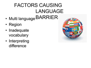 FACTORS CAUSING
LANGUAGE
BARRIERS
• Multi language
• Region
• Inadequate
vocabulary
• Interpreting
difference
 