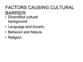 FACTORS CAUSING CULTURAL
BARRIER
• Diversified cultural
background.
• Language and Accent.
• Behavior and Nature.
• Religion.
 