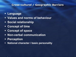 Cross-cultural / Geographic Barriers
 Language
 Values and norms of behaviour
 Social relationship
 Concept of time
 Concept of space
 Non-verbal communication
 Perception
 National character / basic personality
 