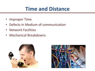 Time and Distance
• Improper Time
• Defects in Medium of communication
• Network Facilities
• Mechanical Breakdowns
 