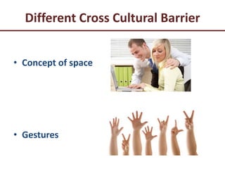 Different Cross Cultural Barrier
• Concept of space
• Gestures
 