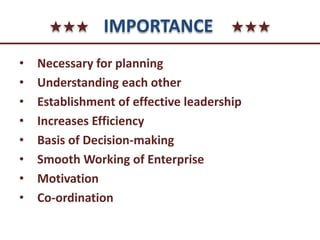 ★★★ IMPORTANCE ★★★
• Necessary for planning
• Understanding each other
• Establishment of effective leadership
• Increases Efficiency
• Basis of Decision-making
• Smooth Working of Enterprise
• Motivation
• Co-ordination
 