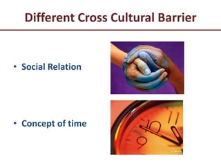 Different Cross Cultural Barrier
• Concept of space
• Gestures
 